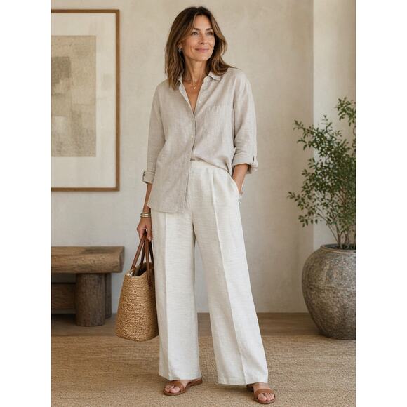 Eileen Fisher Pants - Eileen Fisher Petite Textured Organic Linen Pants Ivory side zipper Wide Leg PS